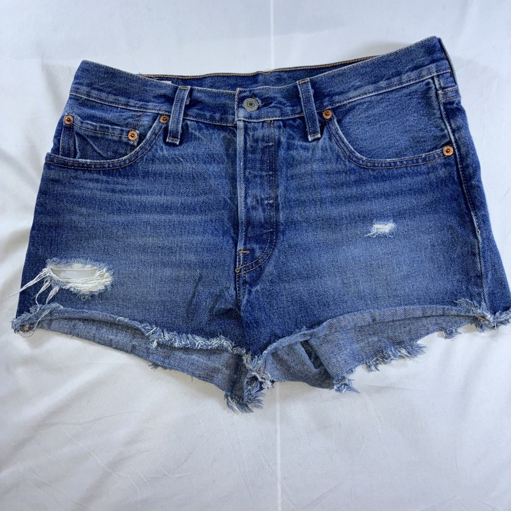 Levi's Premium 501 Leather Tag Distressed Big E Button Fly Jean Shorts Women W28